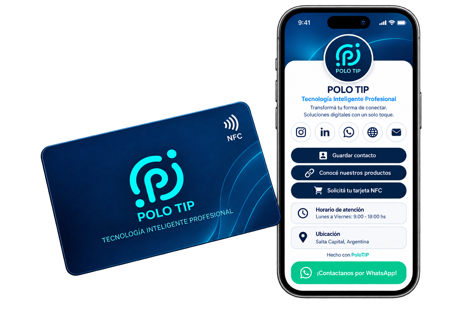 Tarjeta NFC POLOTIP y perfil digital en celular